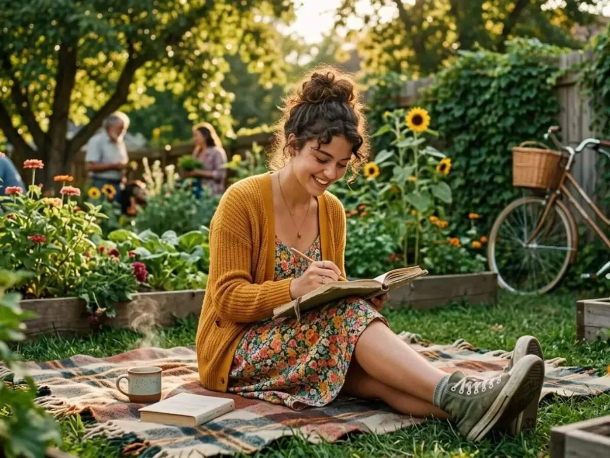 Woman journaling in a peaceful garden